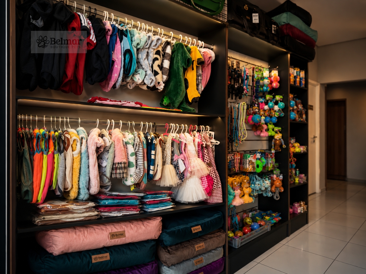 Prateleira de produtos premium na Belmar Boutique Pets, Ivaiporã/PR